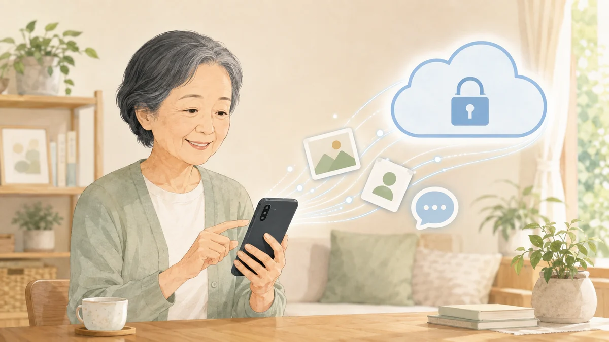 親のAndroidスマホの写真やデータをバックアップするイメージ