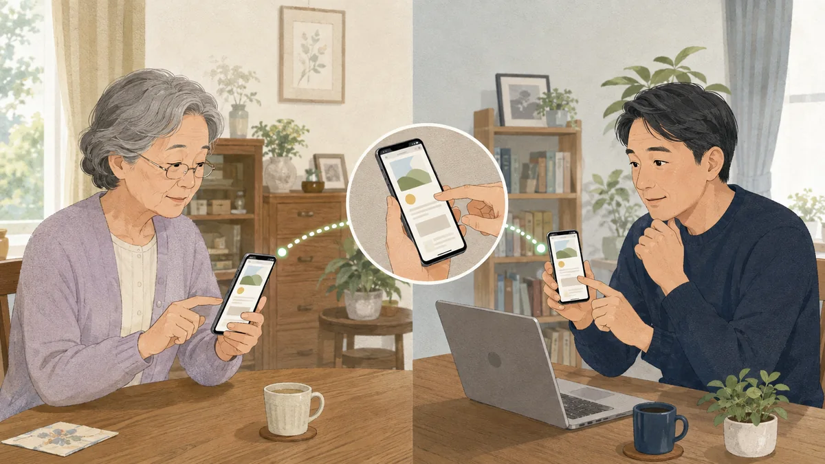 Androidスマホの画面を共有して離れた家族がサポートする様子