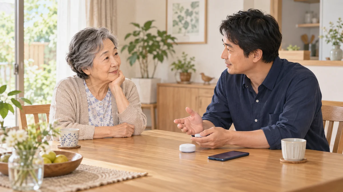 親と家族が見守り方法について相談するイメージ