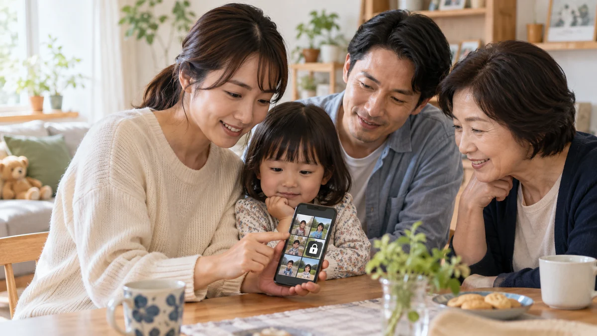 家族写真の共有範囲を確認するイメージ