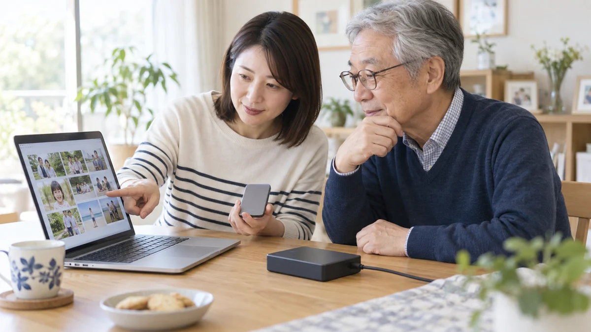 家族写真を保存するSSDとHDDを比較する家族