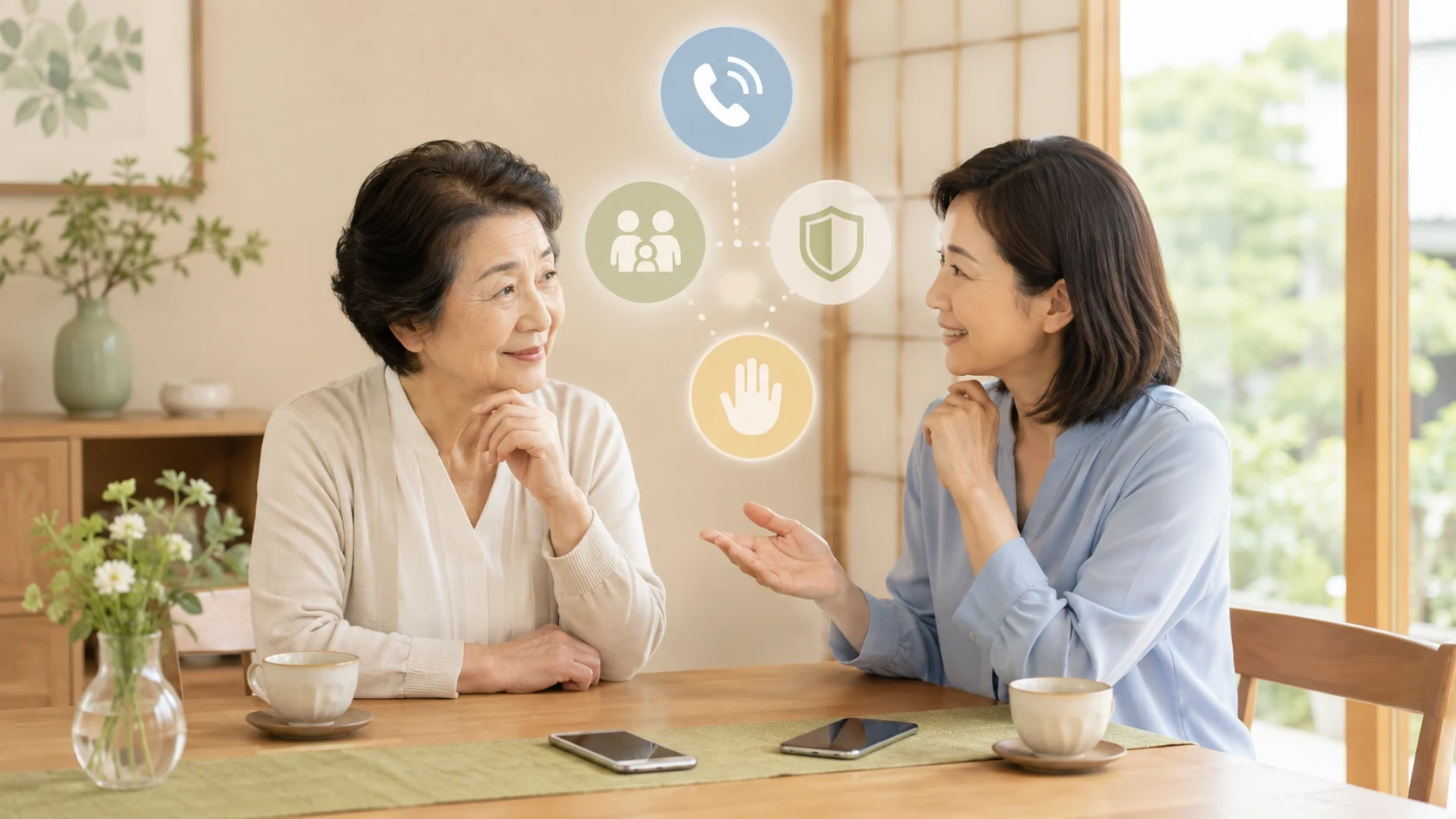 怪しい電話が来たときの対応を家族で確認する親子