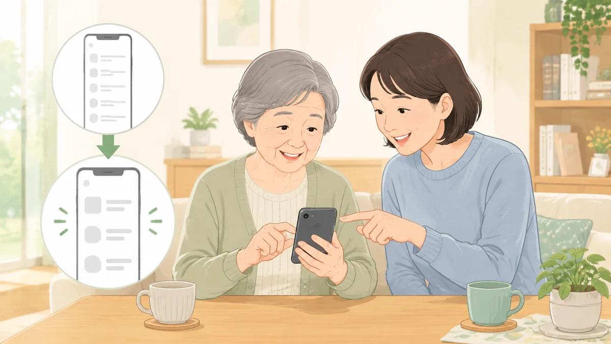 iPhoneの文字サイズを見やすく調整する親子のイメージ