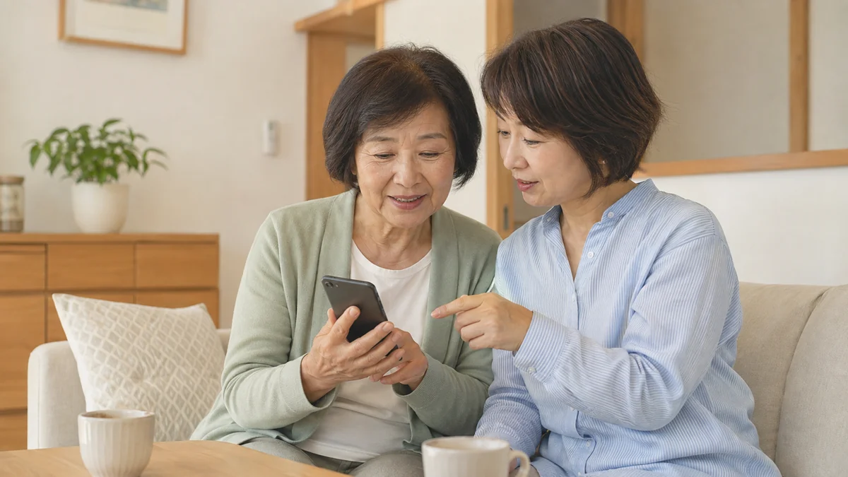 母親のAndroidスマホを一緒に設定する家族