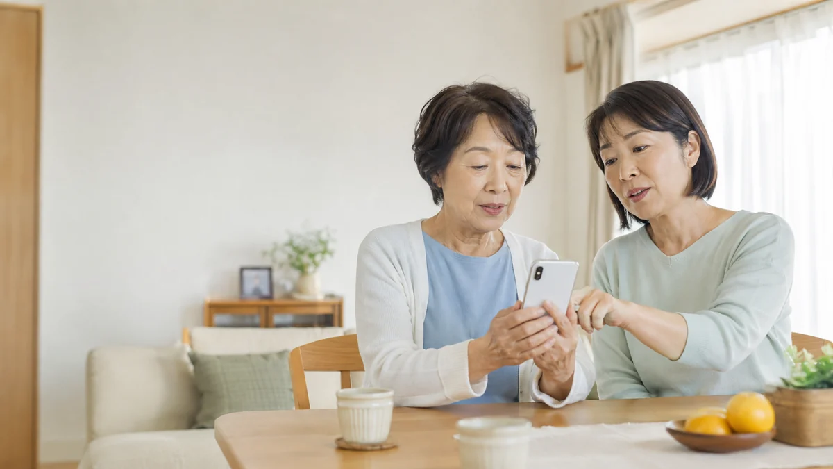 母親のiPhoneを一緒に見ながら設定を確認する家族