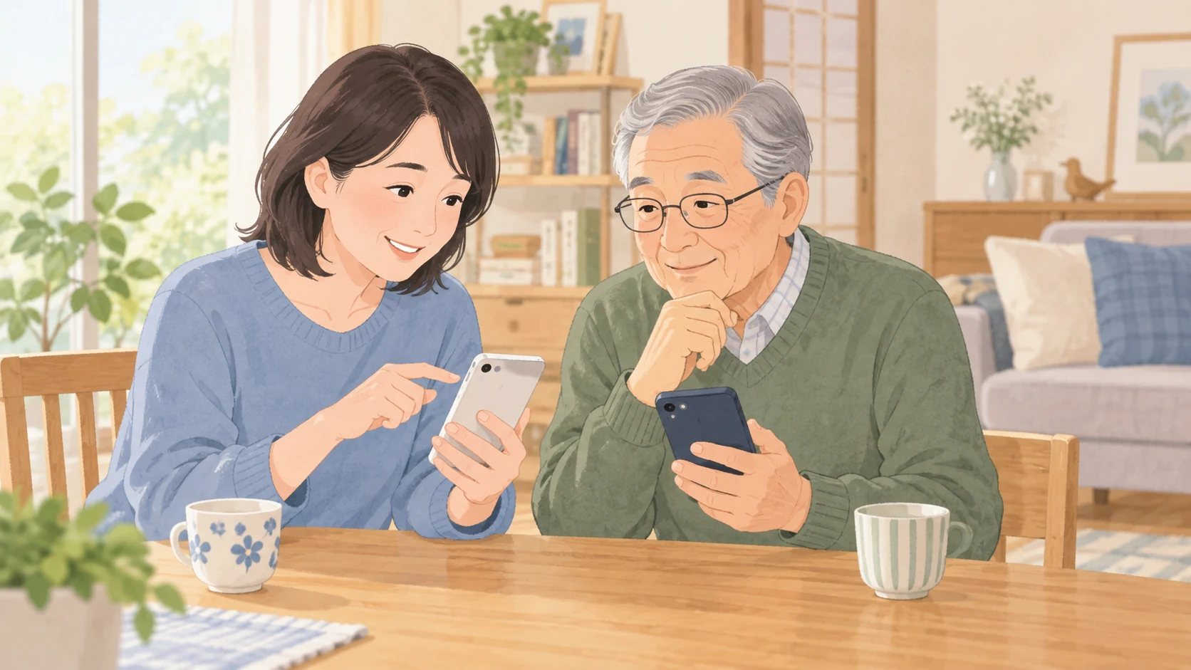 親の見守り通知を家族で調整するイメージ
