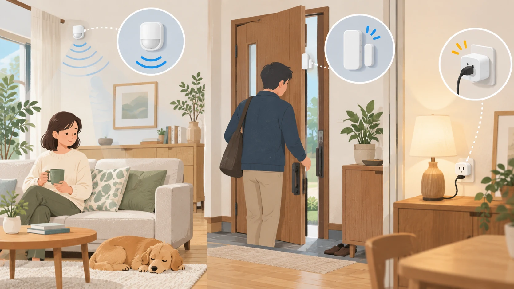 人感センサーや開閉センサーで親の生活の動きを確認するイメージ