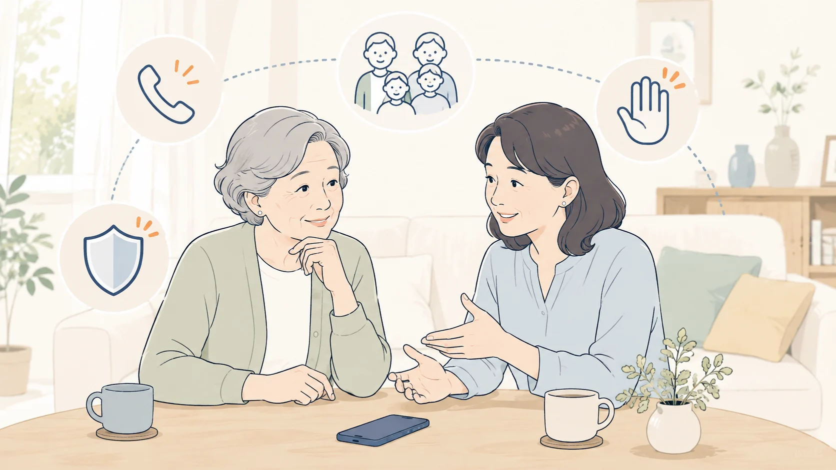 親のスマホについて家族でルールを確認する様子