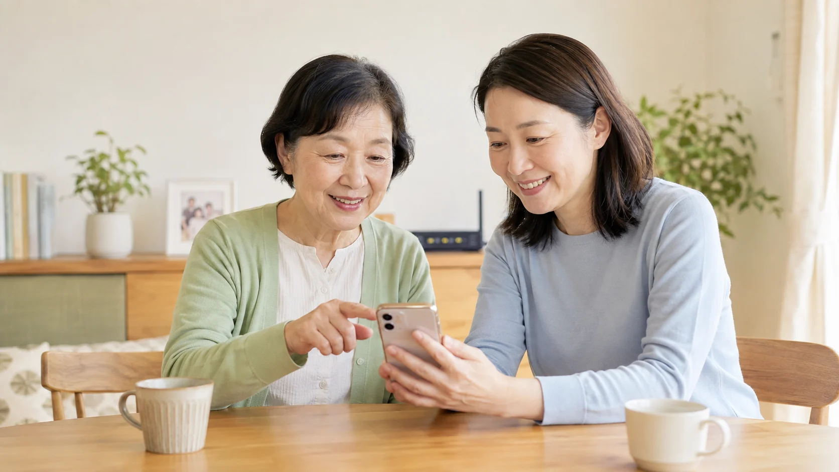親のスマホについて一緒に確認する家族