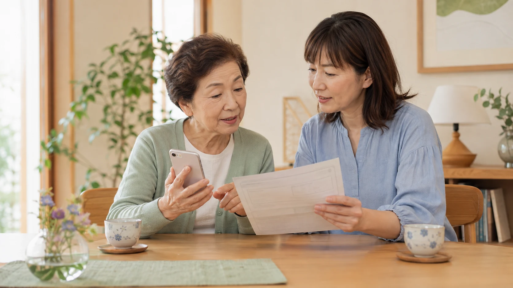 母親のスマホ料金を一緒に確認する家族