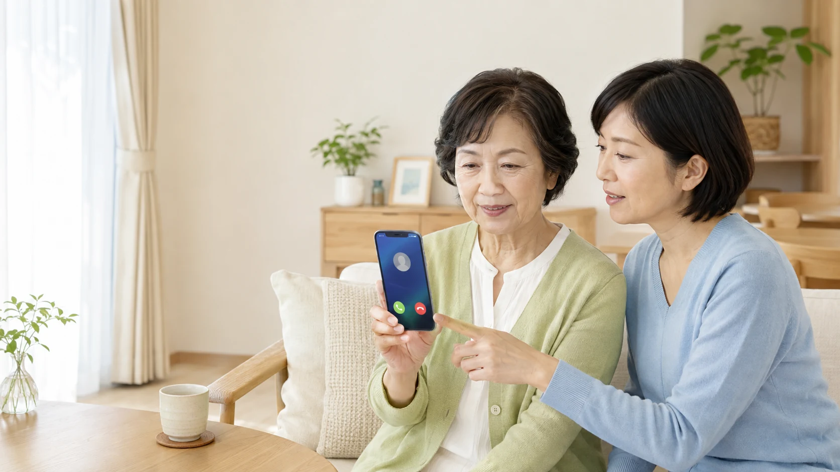 知らない電話について母親と一緒に確認する家族