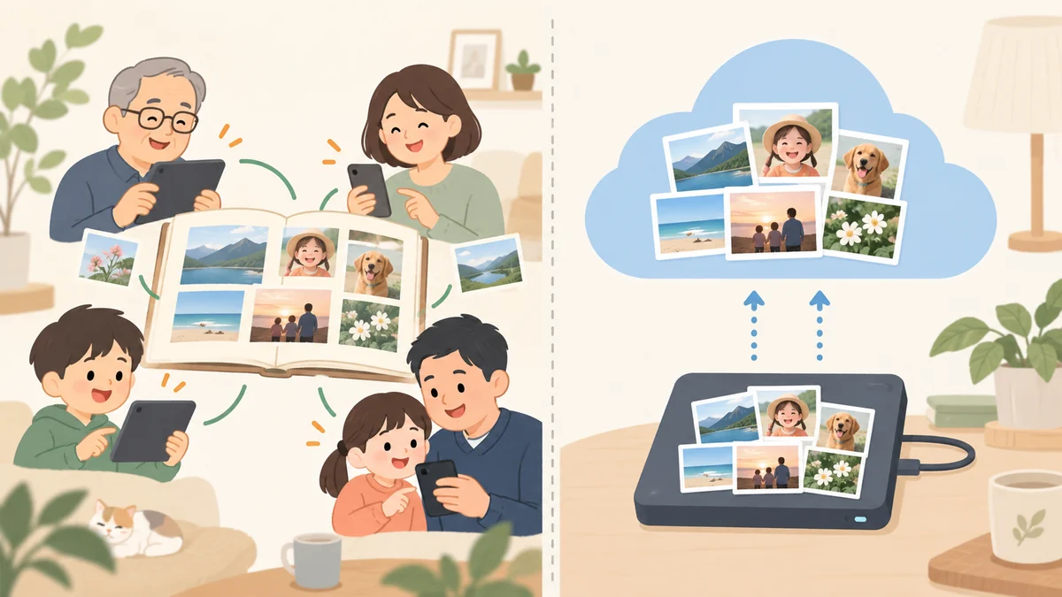 写真の共有とバックアップの違いを表すイメージ