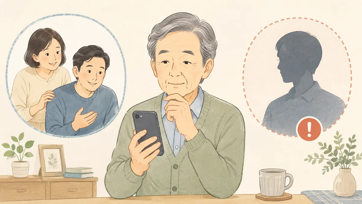 知らない相手からの遠隔操作要求に注意する高齢者のイメージ