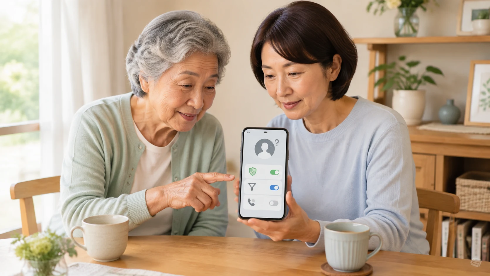 スマホの迷惑電話対策を家族と一緒に設定するイメージ