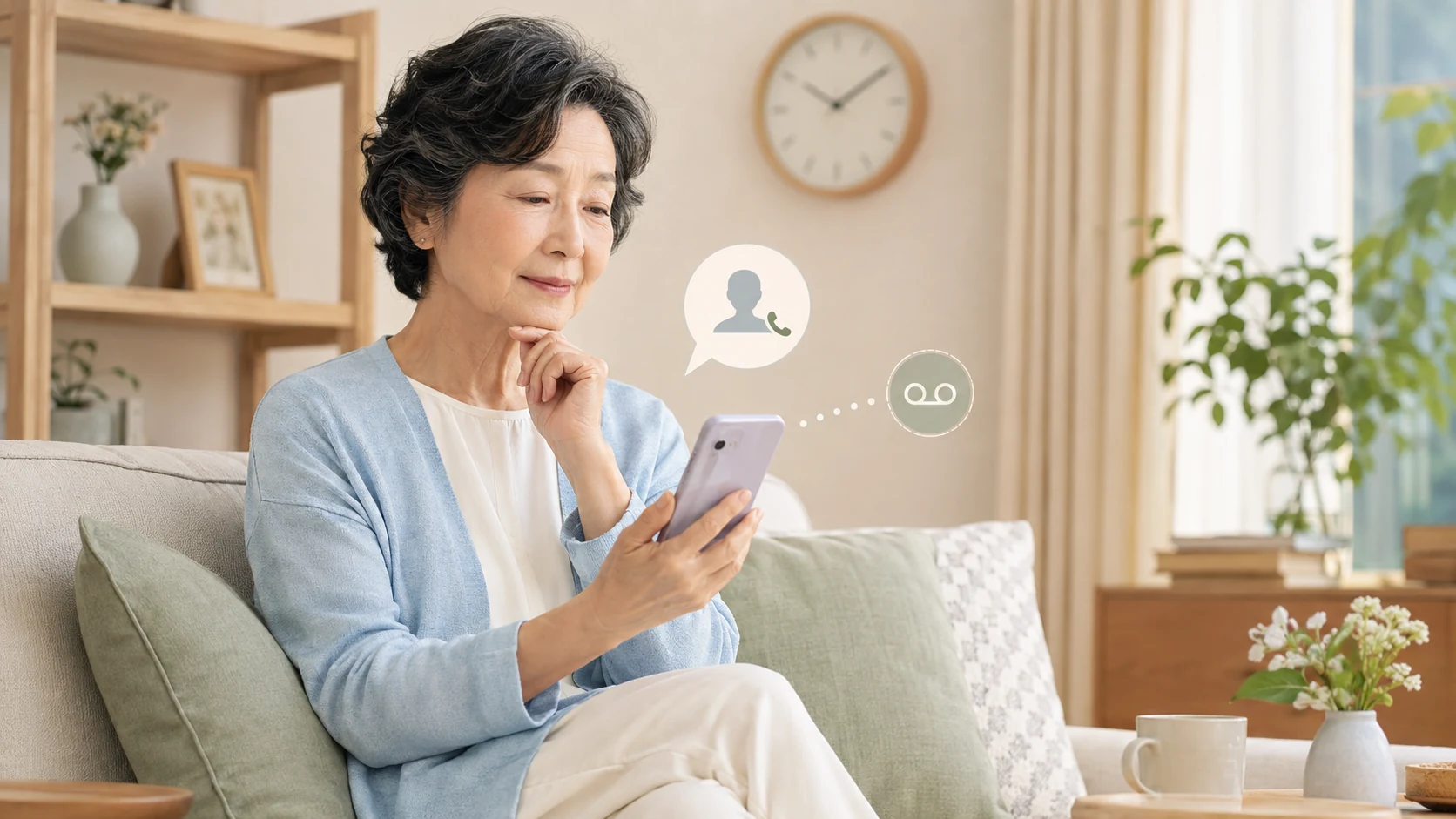 知らない番号からの電話にすぐ出ず確認する高齢の女性