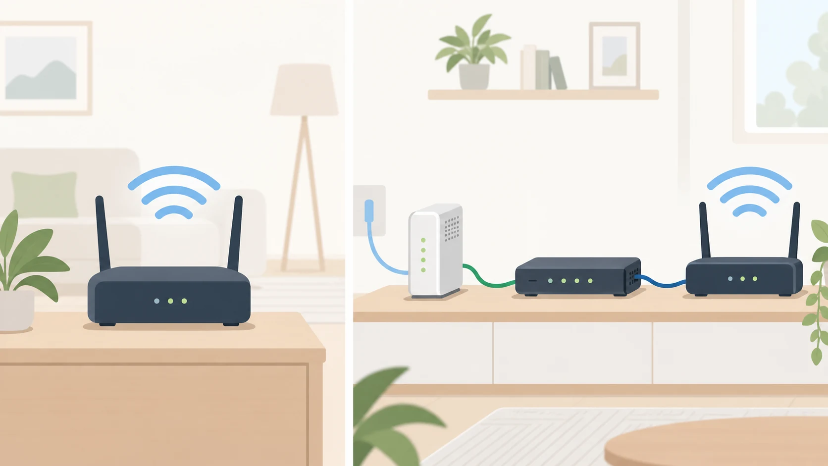 光回線の機器が1台構成と複数台構成になる場合のイメージ